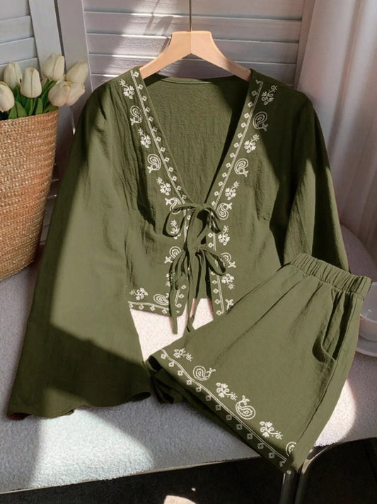 Embroidered Tie-Front Top & Shorts Set
