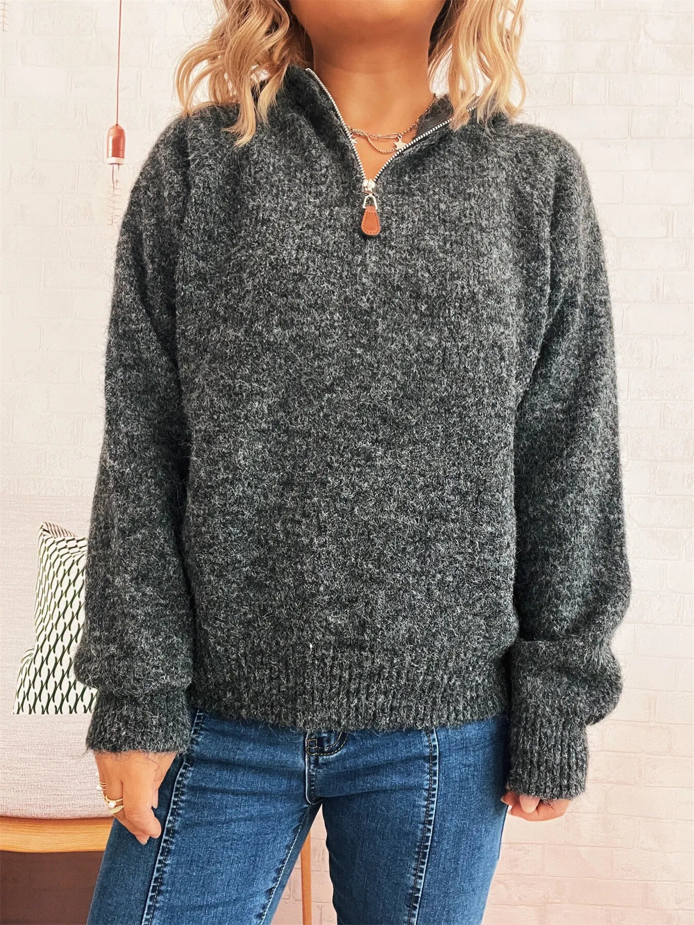 Quarter Zip Ribbed Hem Sweater