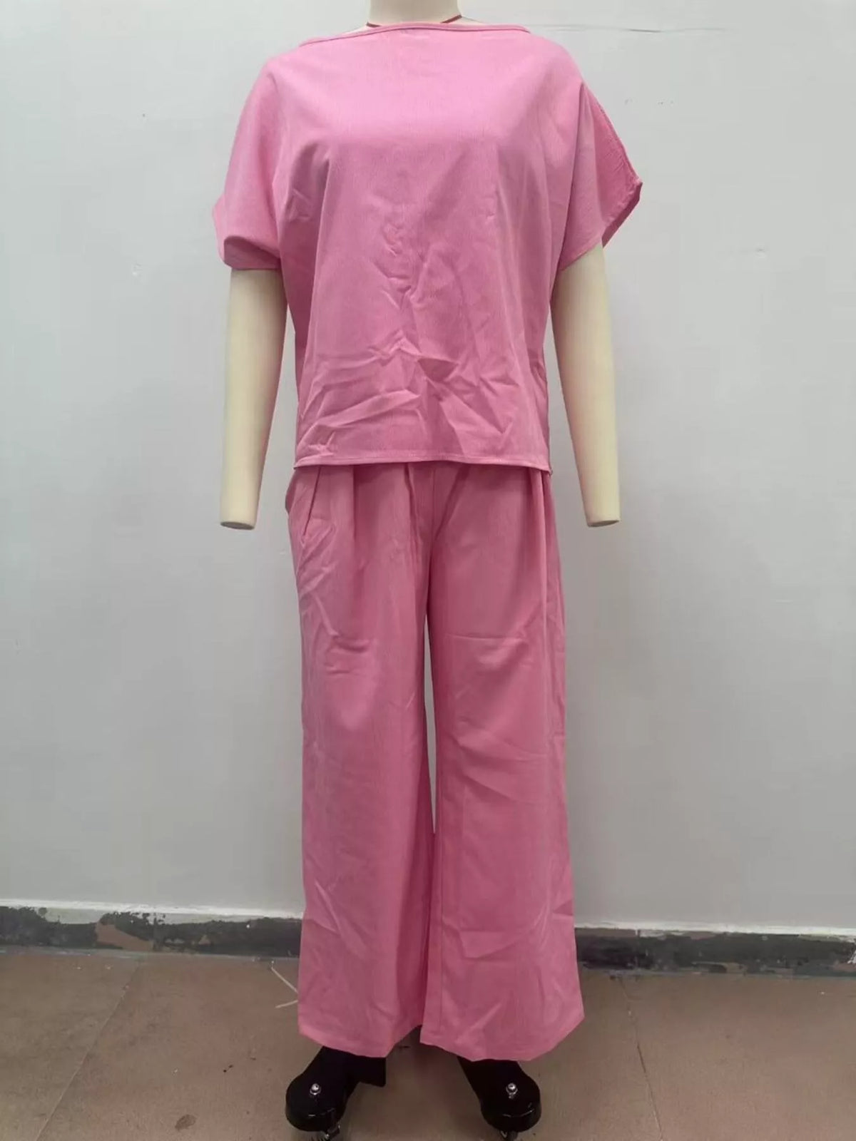 Full Size Solid Color Top and Wide-Leg Pants Set Plus Size