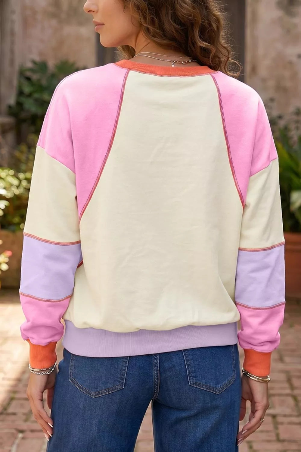 Multicolour Exposed Seam Colorblock Patchwork Long Sleeve Top