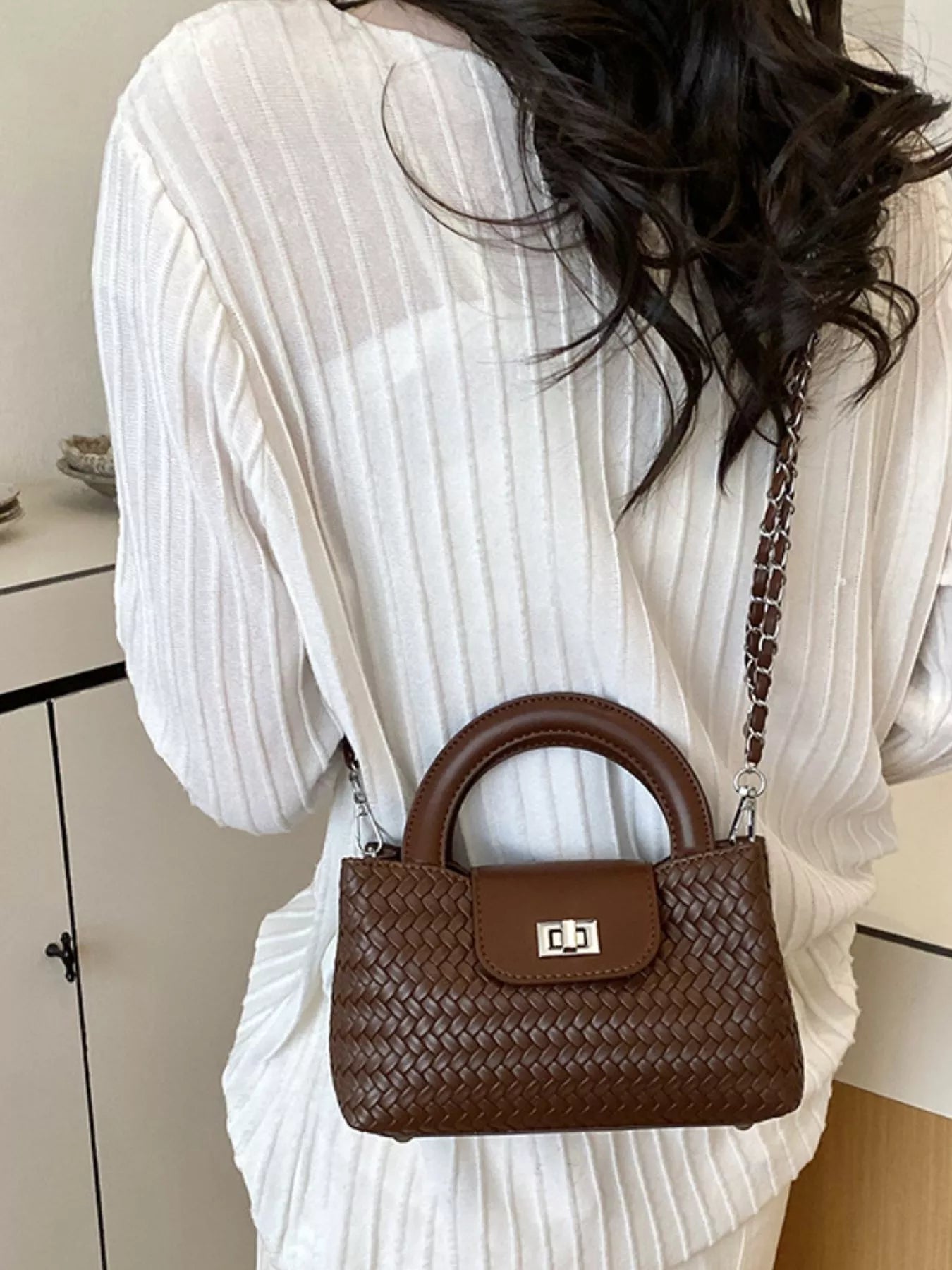 Woven Texture Crossbody Bag with Chain Strap