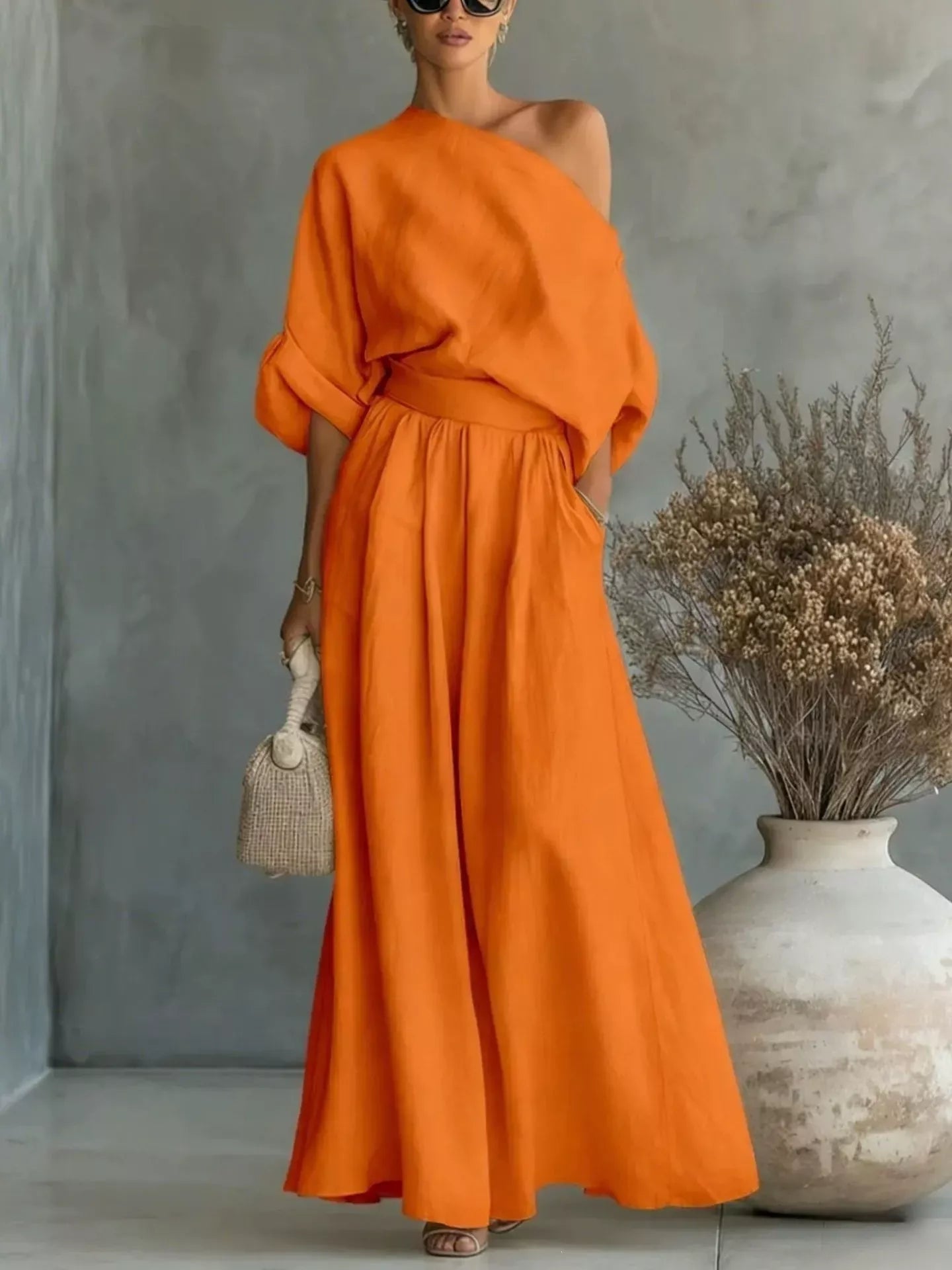 Full Size One Shoulder Top and Wide Leg Pants Set Plus Size