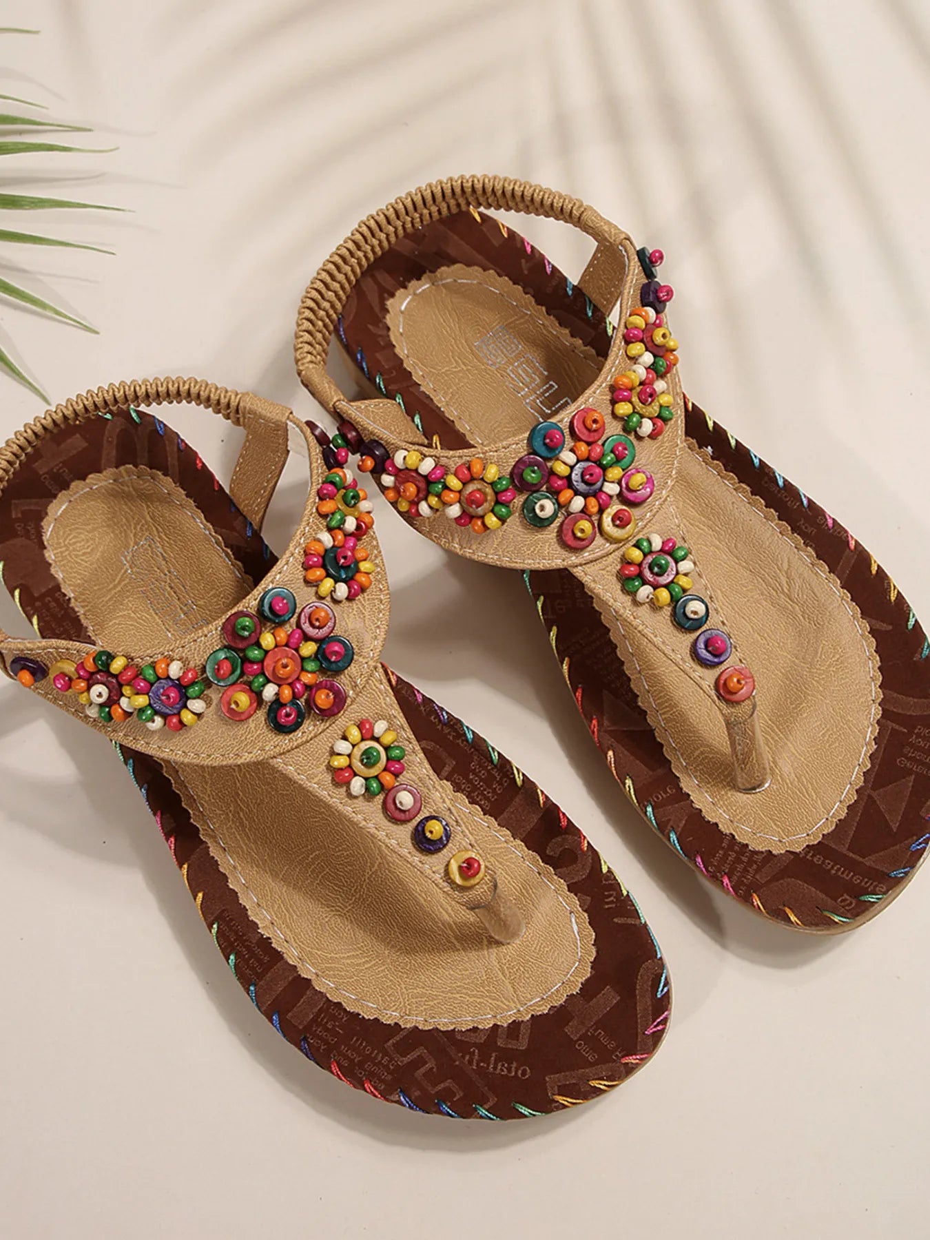 Colorful Beaded T-Strap Flat Sandals
