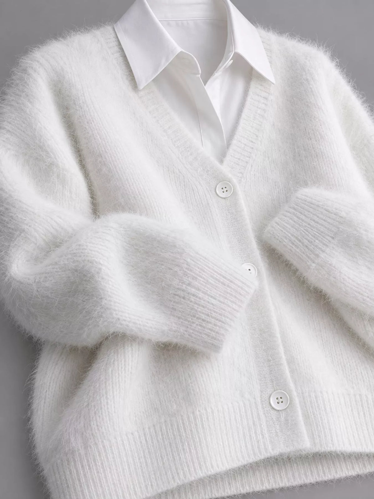Fuzzy V-Neck Button-Down Cardigan