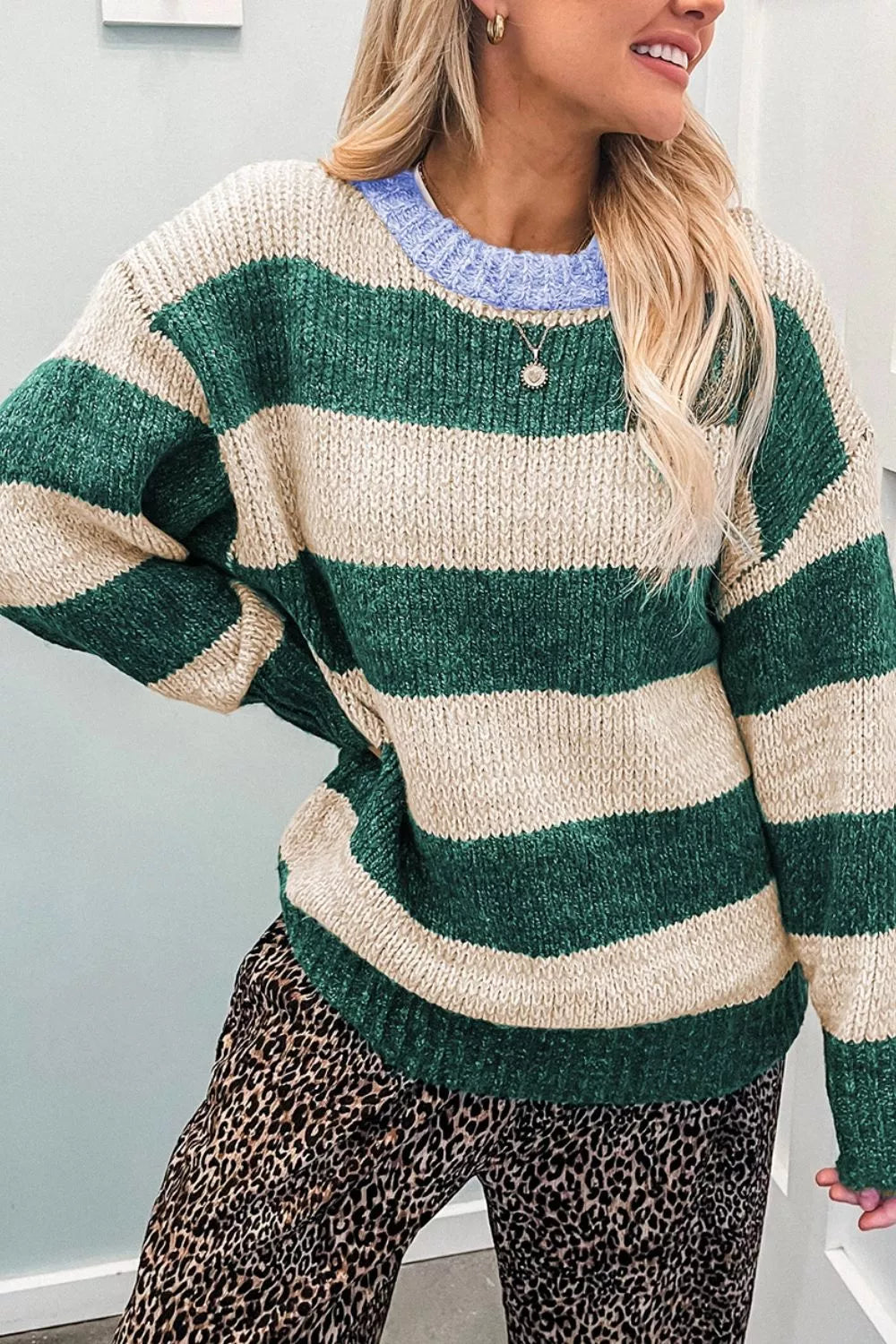 Stripe Striped Colorblock Drop Shoulder Pullover Sweater