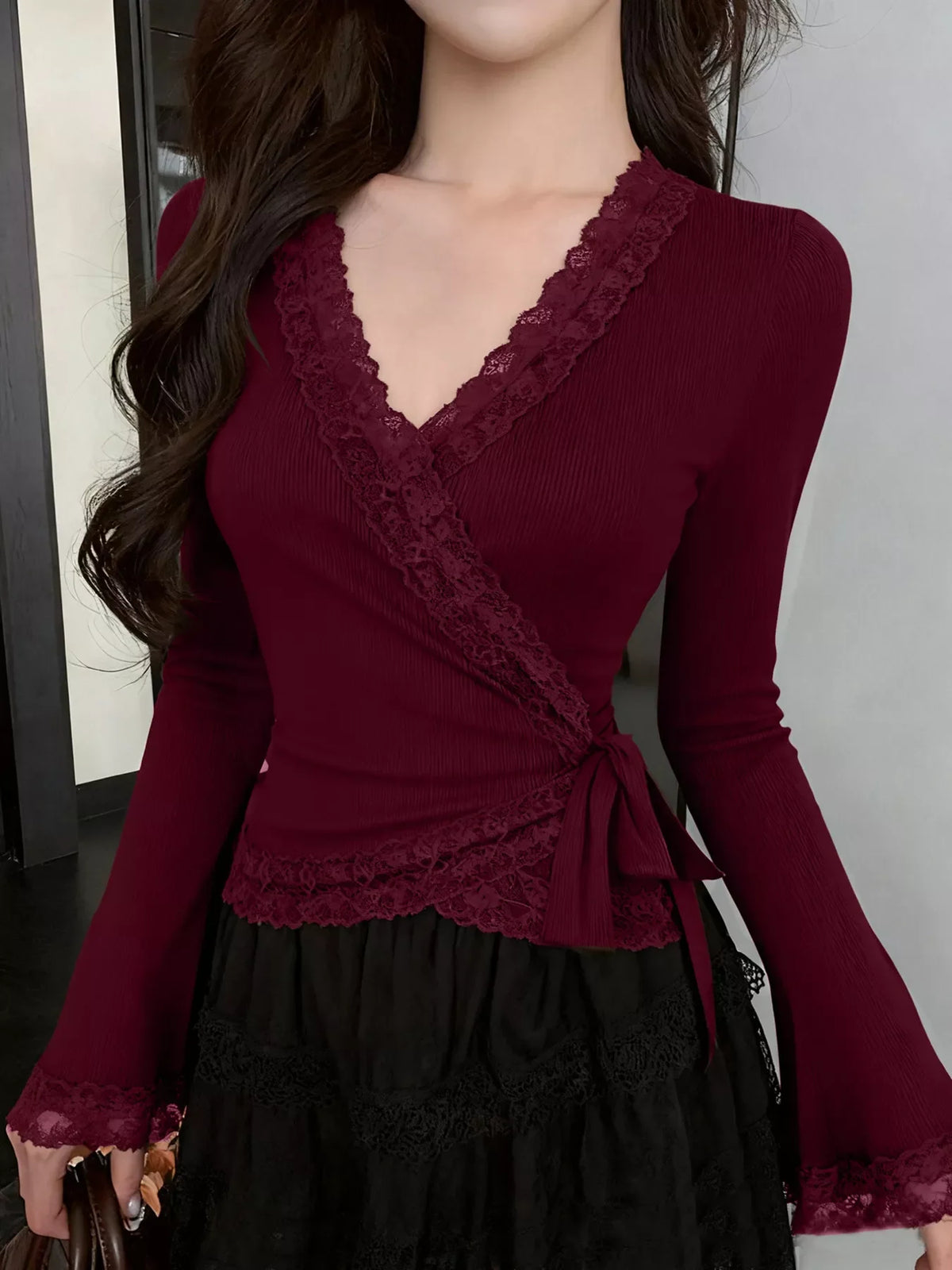 Lace Trim Flare Sleeve Blouse