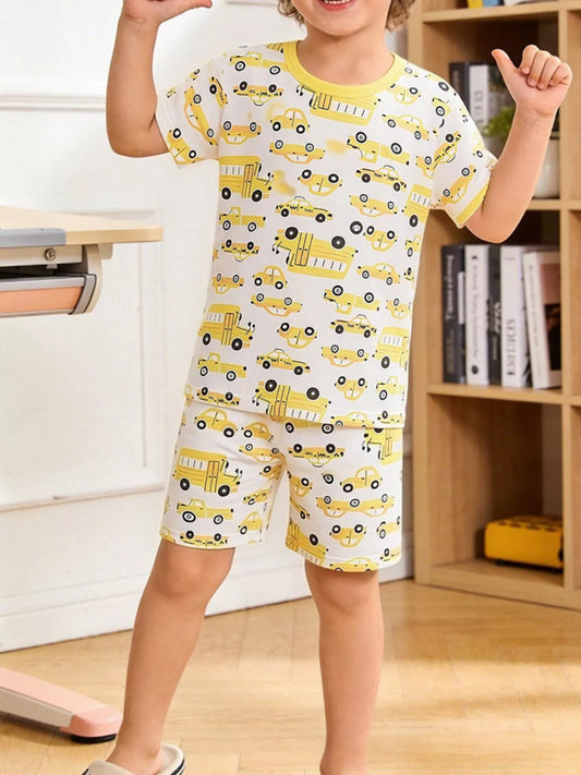 Children's Cartoon Car Print Short Sleeve Pajama Set