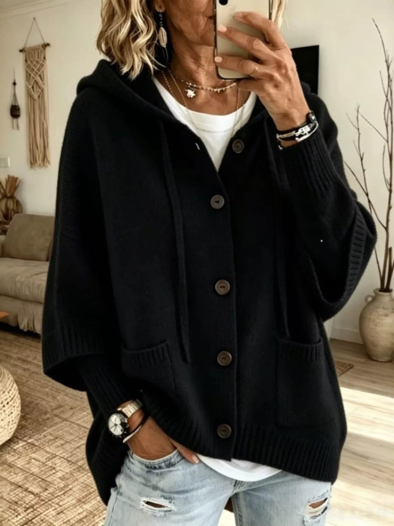 Hooded Button-Down Knit Cardigan