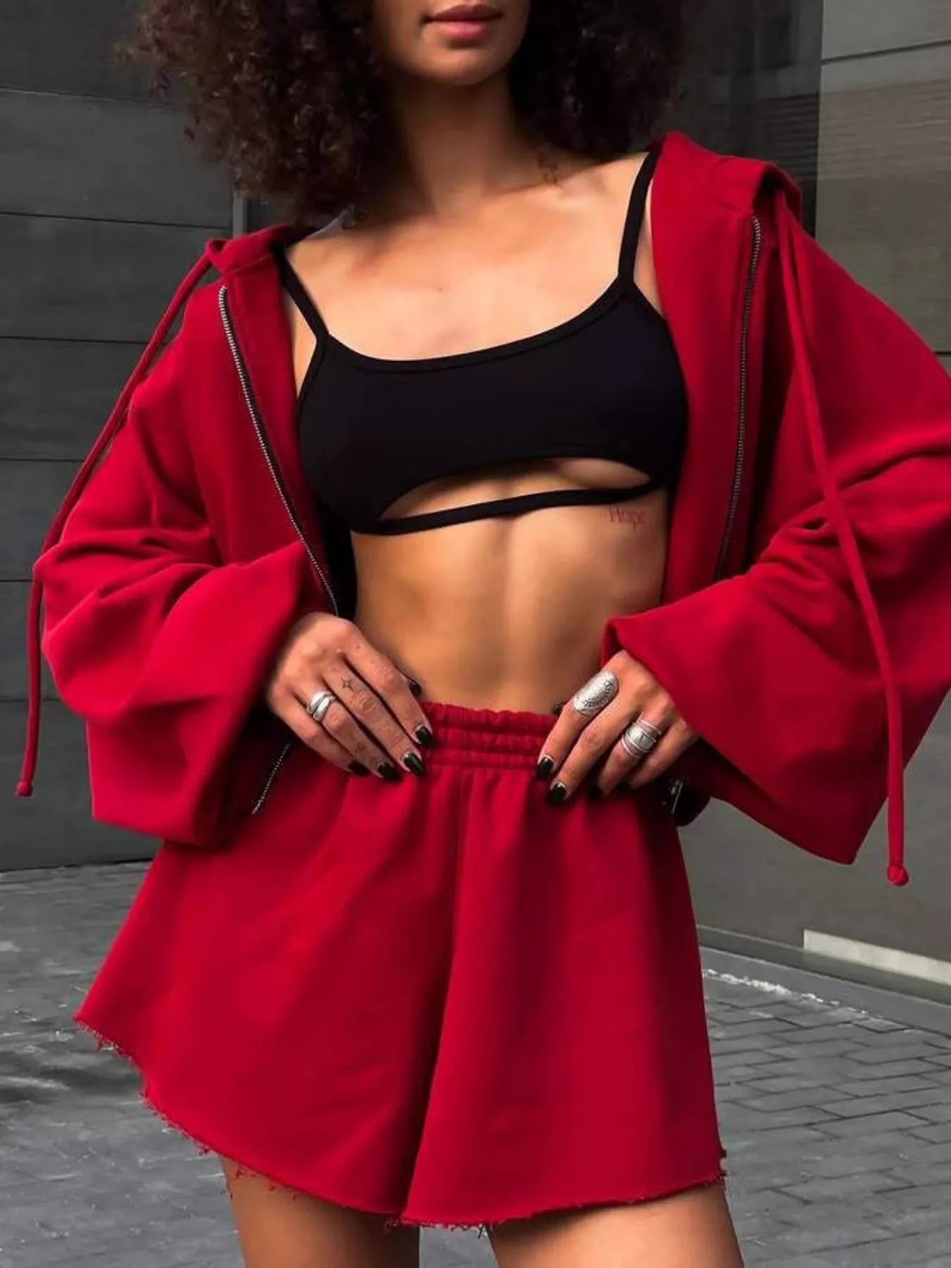 Zip Up Long Sleeve Outerwear and Shorts Set
