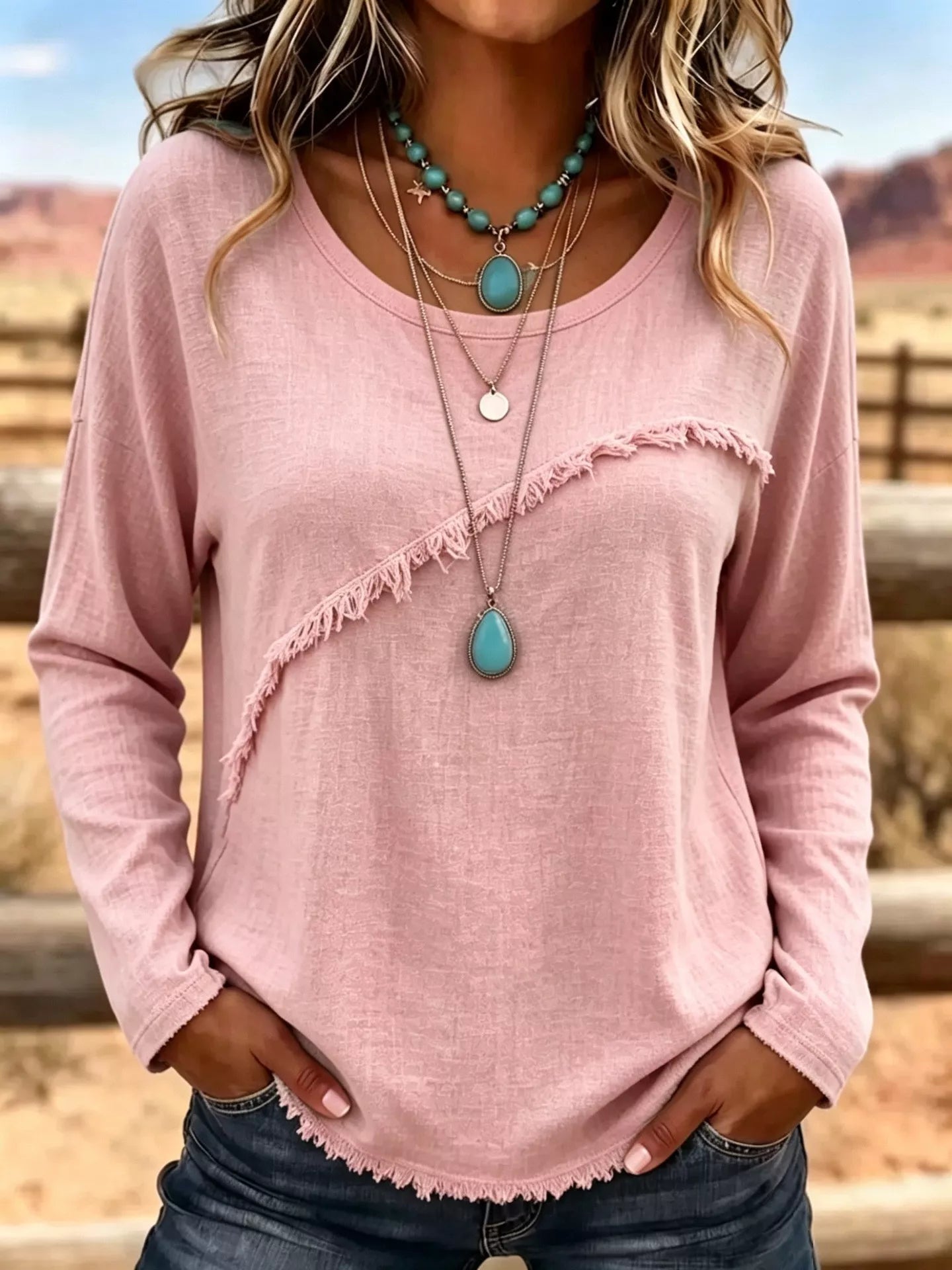 Full Size Fringe Detail Long Sleeve T-Shirt Plus Size