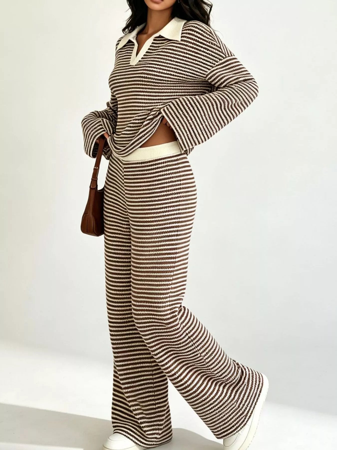 Striped Long Sleeve Polo and Wide-Leg Pants Set