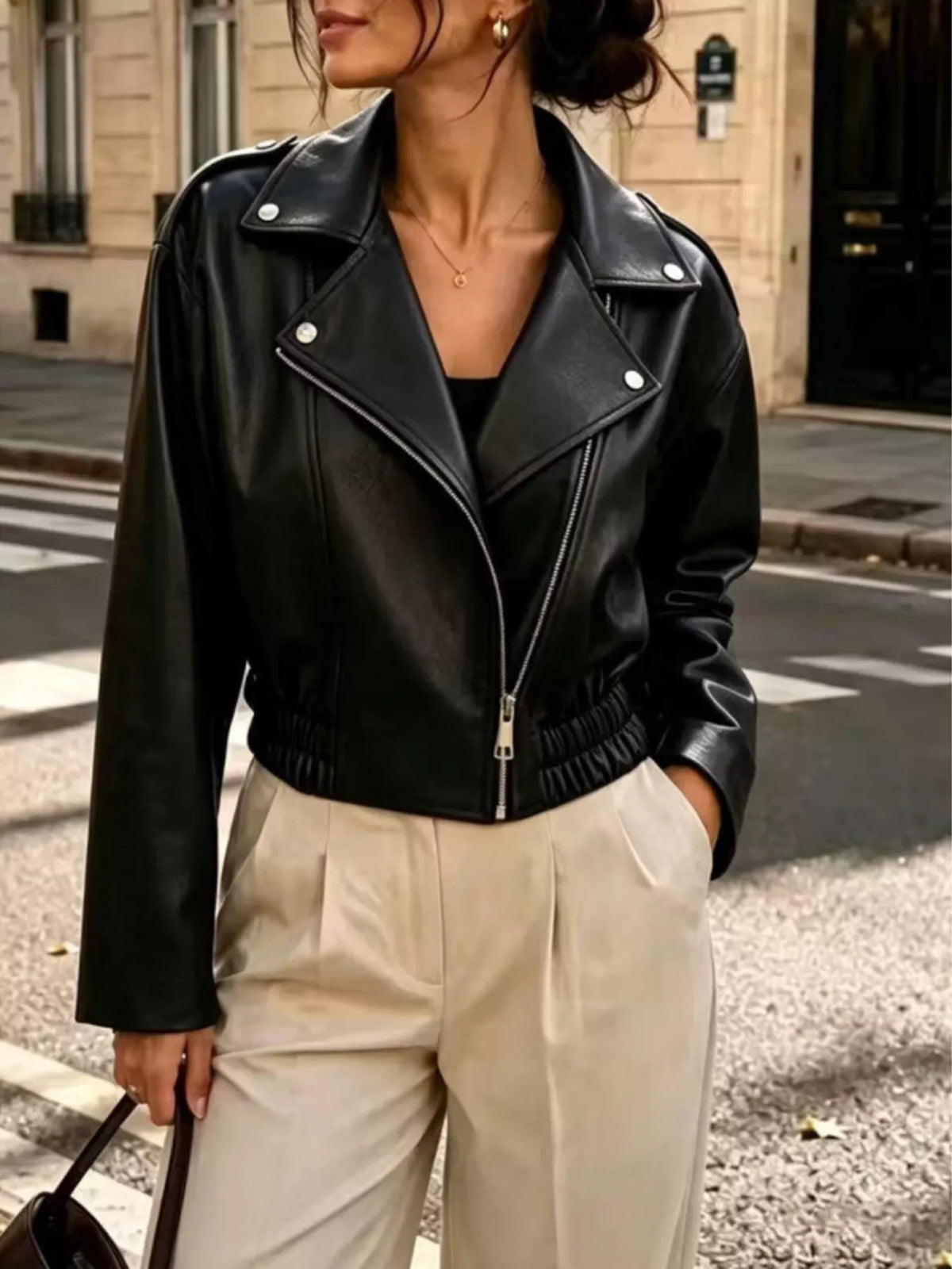Faux Leather Cropped Biker Jacket