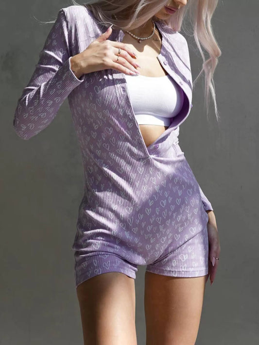 Heart Print Ribbed Knit Button-Up Romper