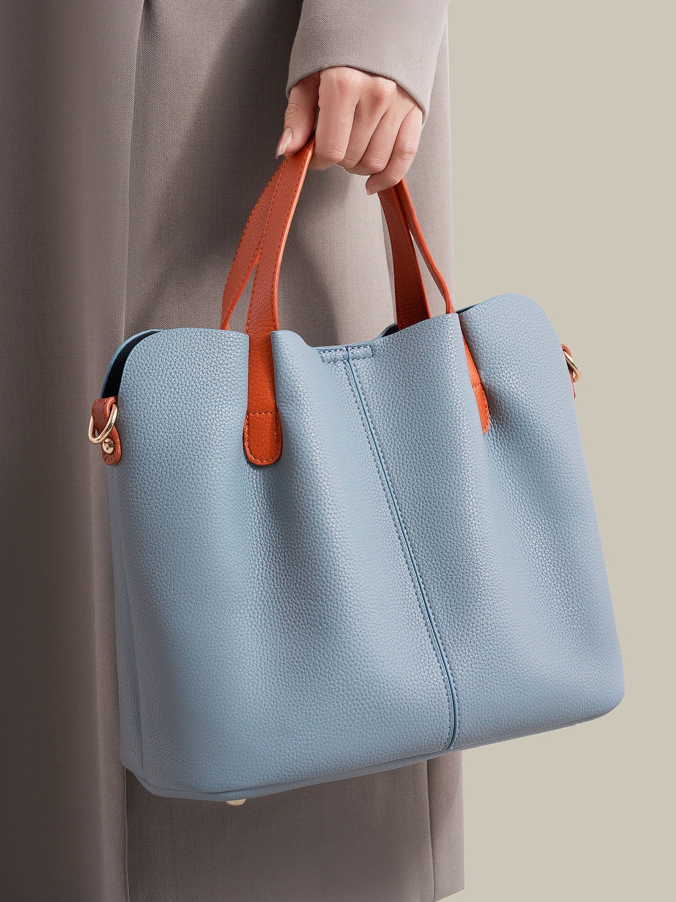Leather Contrast Handle Handbag
