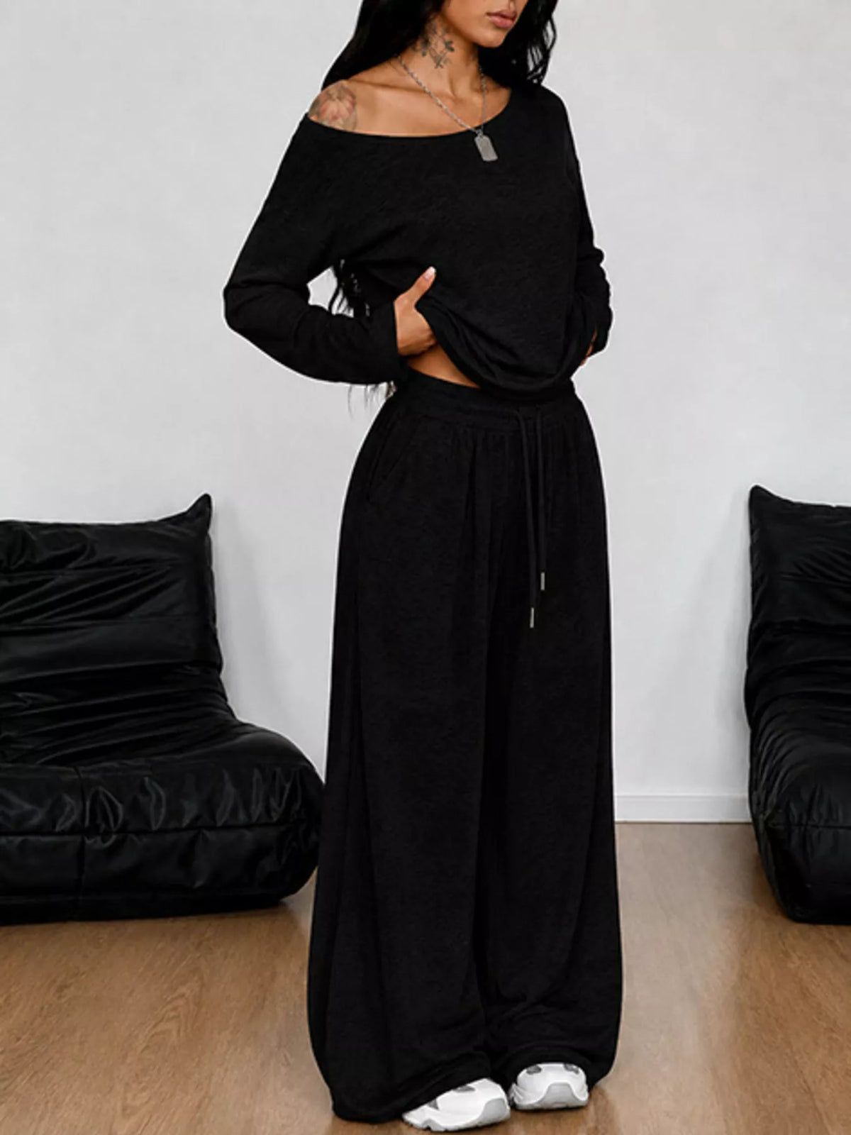 Full Size One-Shoulder Top and Drawstring Pants Set Plus Size