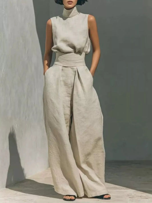 High Neck Sleeveless Top and Wide Leg Pants Set