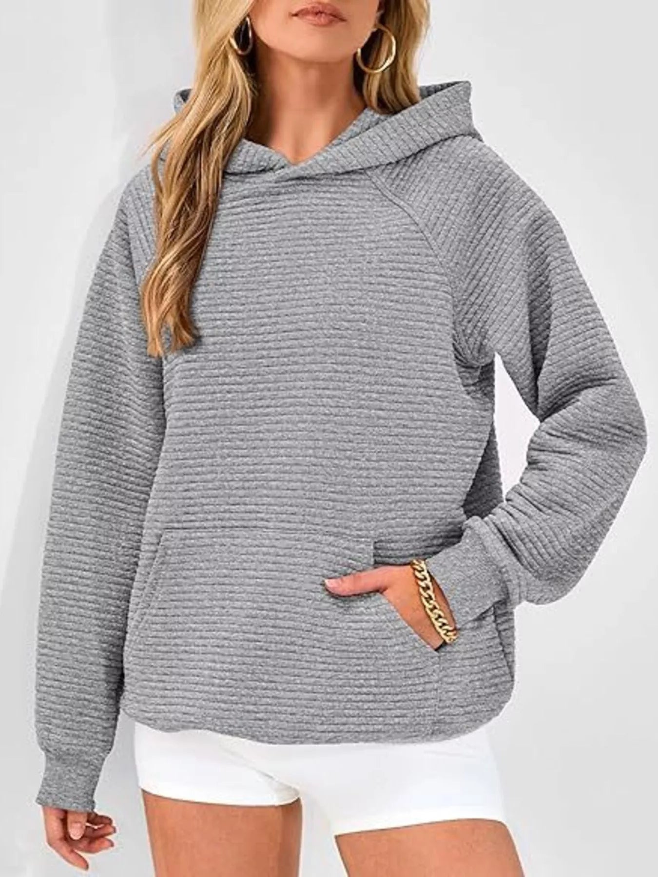Texture Kangaroo Pocket Raglan Sleeve Hoodie