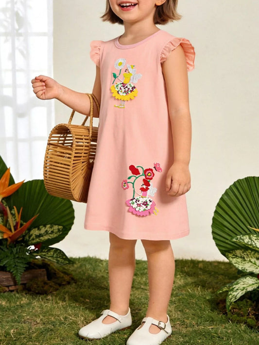 Children's Floral Embroidered Ruffle Sleeve Casual Dress