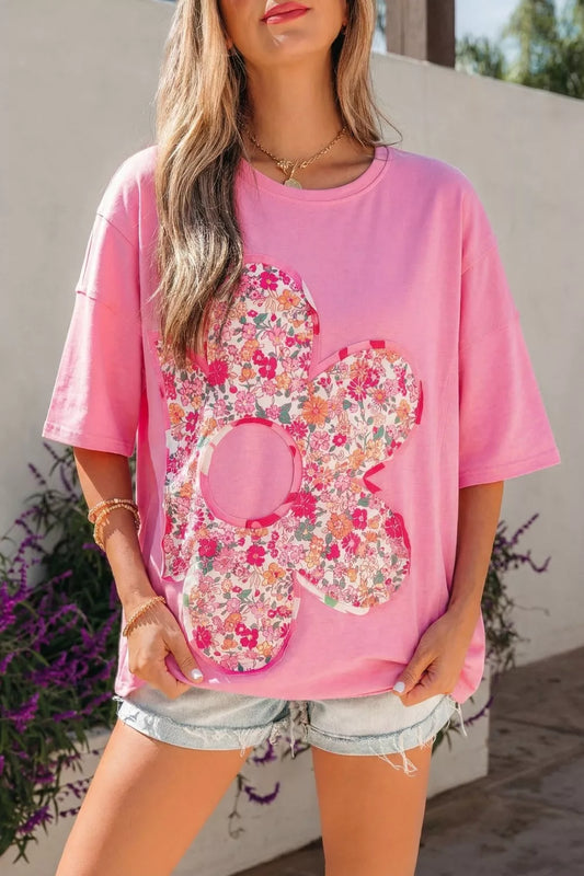 Flower Patched Round Neck Tunic T-Shirt