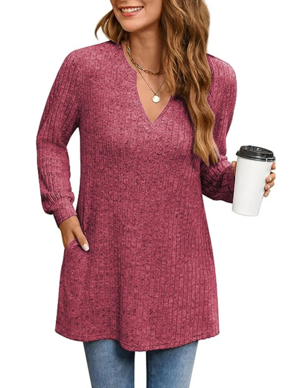 Ribbed Notched Long Sleeve T-Shirt