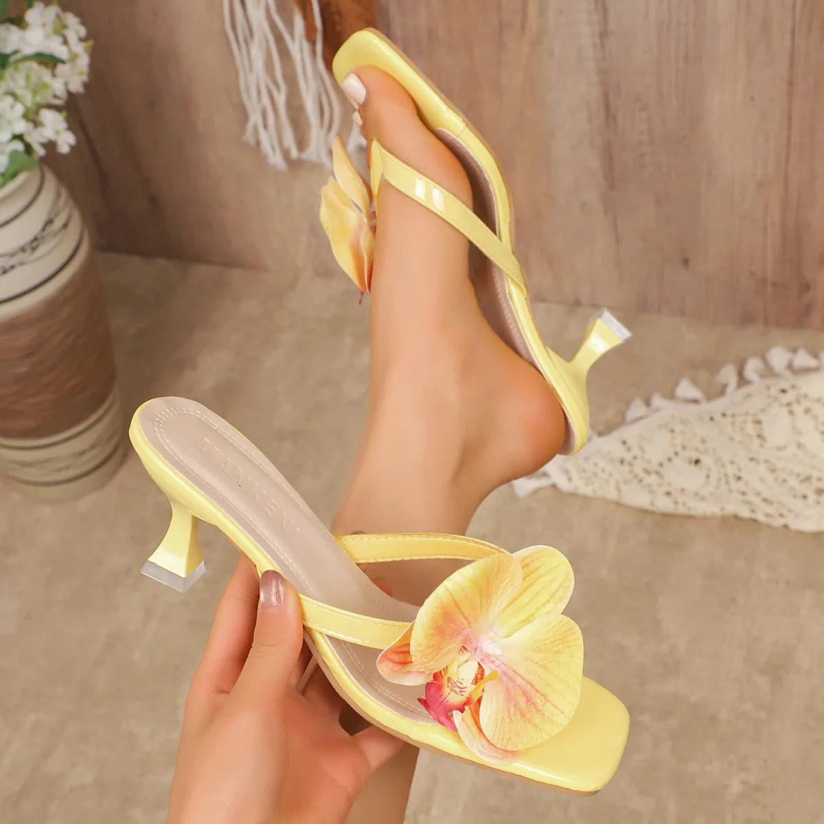 Floral Embellishment Kitten Heel Sandals