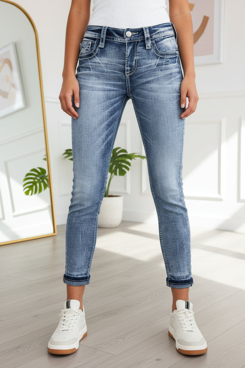 Washed Faded Cuffed Ankle Skinny Jeans