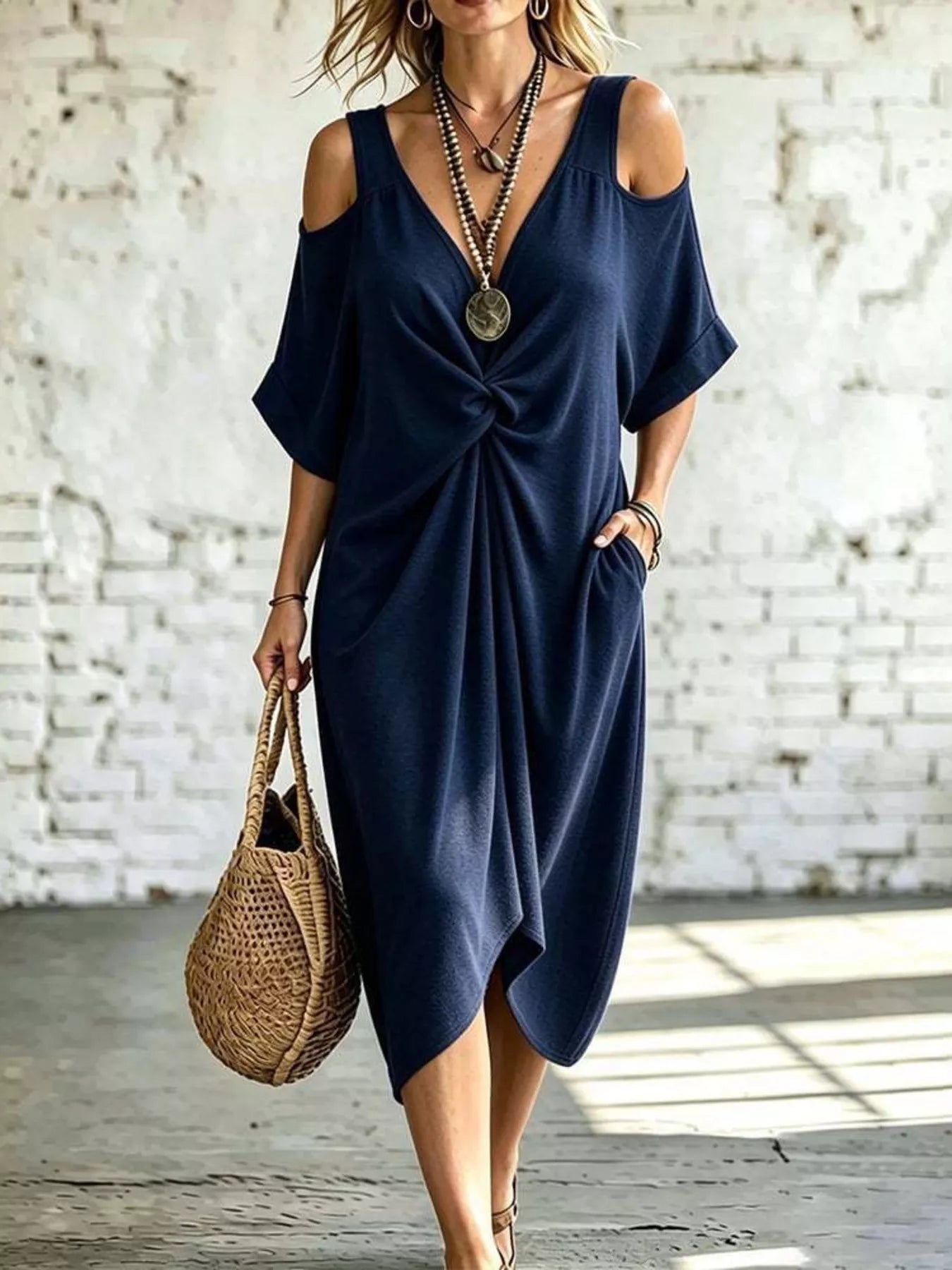 Full Size Cold Shoulder Twist Front Midi Dress Plus Size