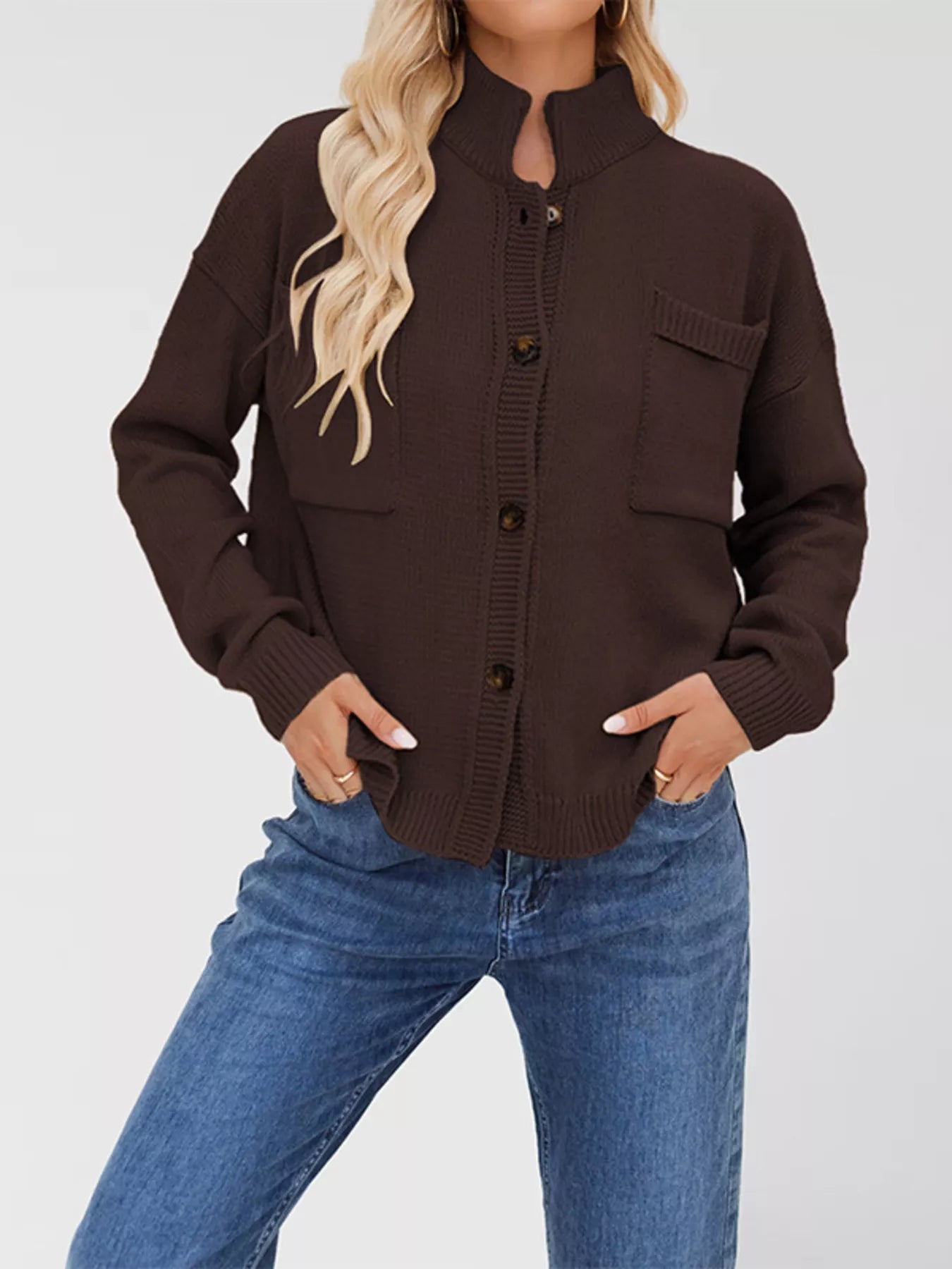 Button Up Dropped Shoulder Cardigan