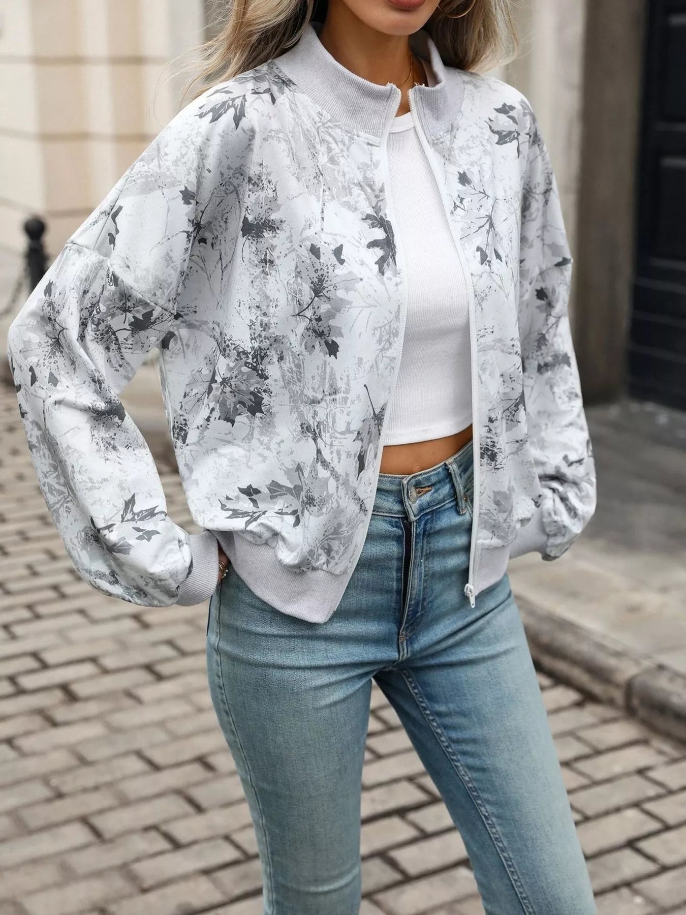 Printed Zip Up Long Sleeve Sweatshirt