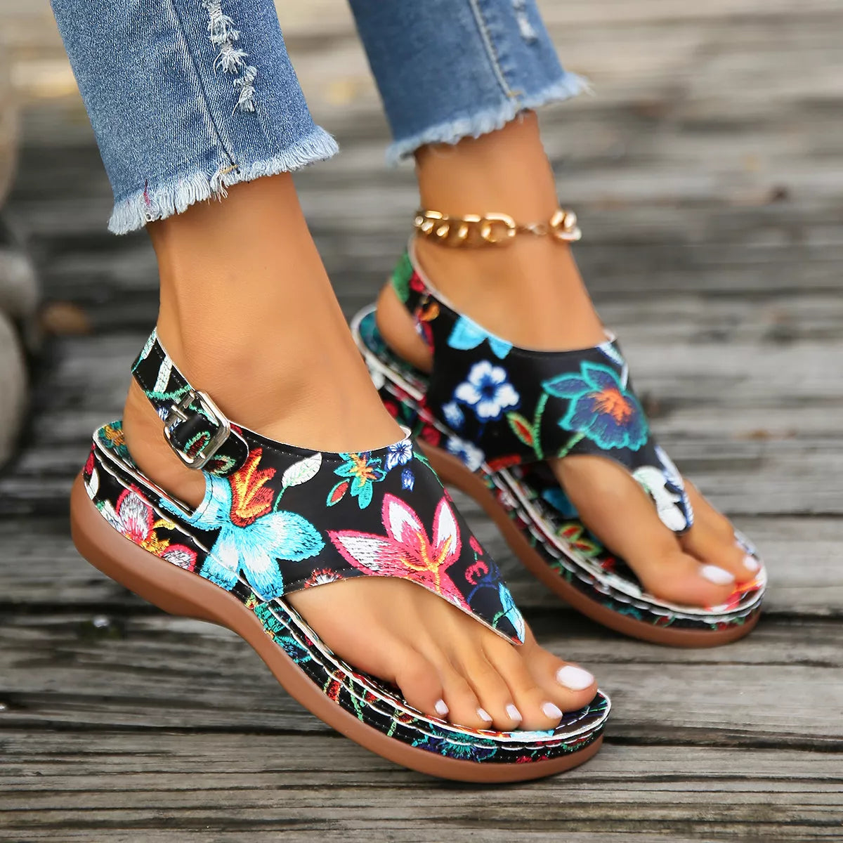 Floral Thong Wedge Sandals