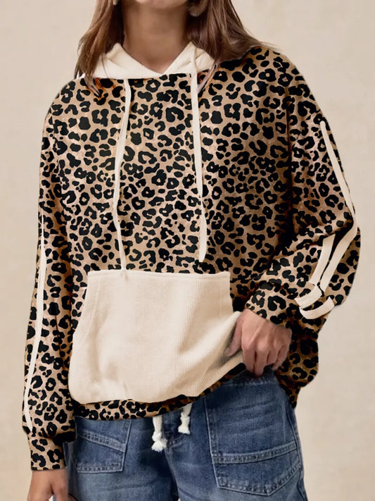 Leopard Print Long Sleeve Hoodie with Pocket