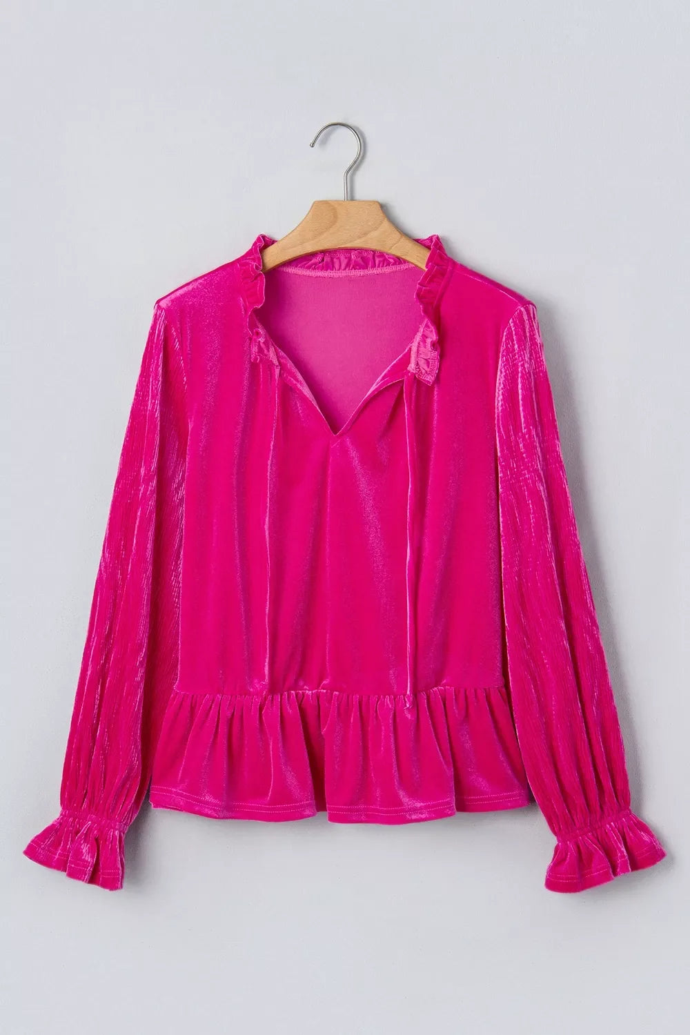 V Neck Velvet Ruffled Cuffs Hem Long Sleeve Top