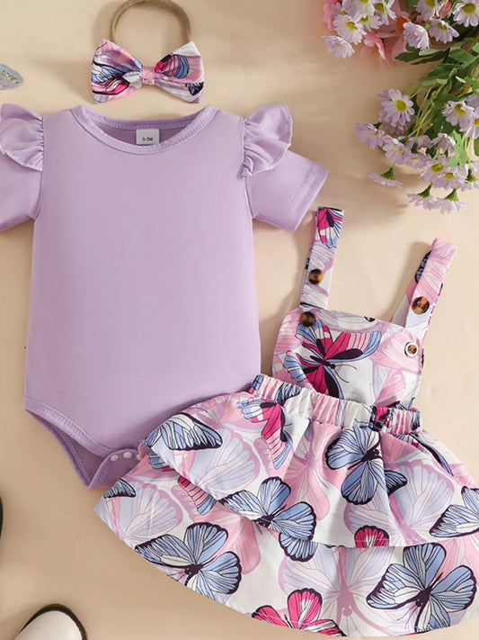 Children's Ruffled Bodysuit and Dress Set with Headband