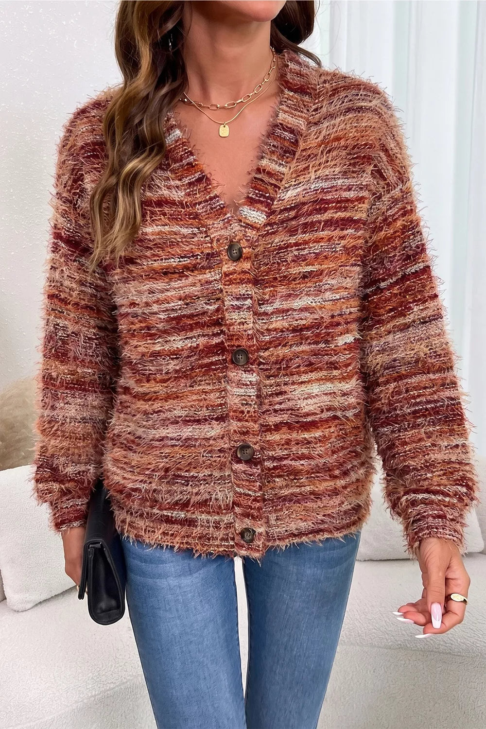 Fuzzy Striped Button Front Cardigan Sweater