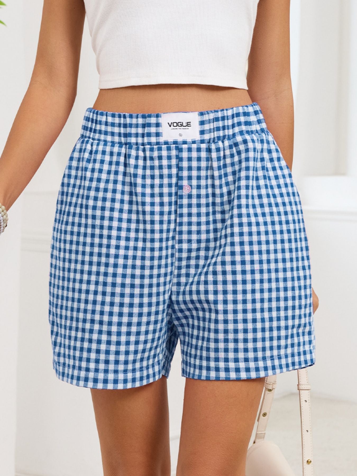 Gingham Elastic Waist Casual Shorts