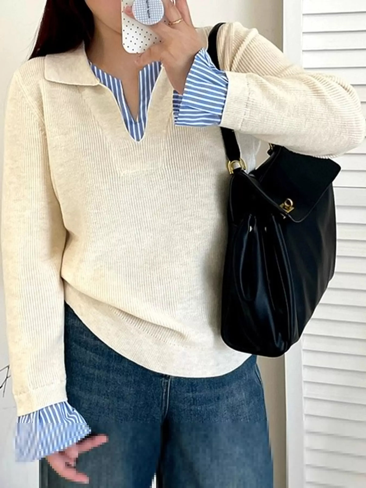 Plus Size Layered Look Striped Long Sleeve Sweater