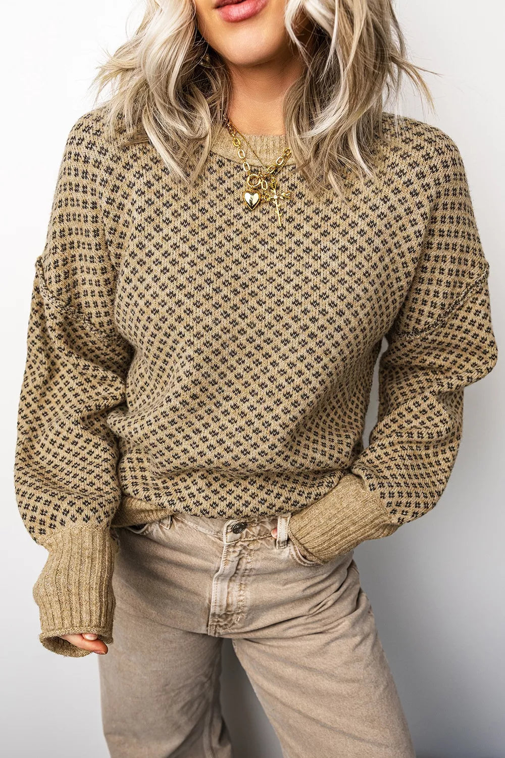 Geometric Print Drop Shoulder Round Neck Long Sleeve Sweater