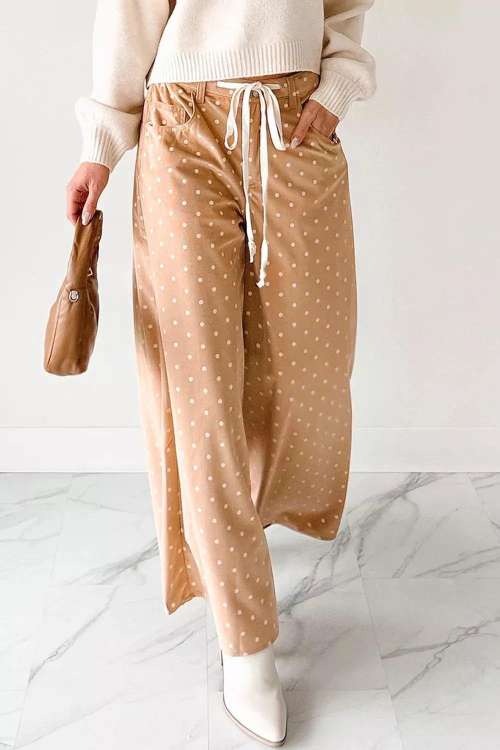Polka Dot Print Drawstring Wide Leg Pants