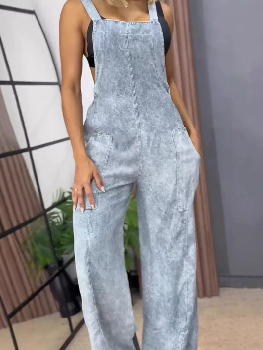Full Size Vintage Wash Wide Leg Denim Overalls Plus Size