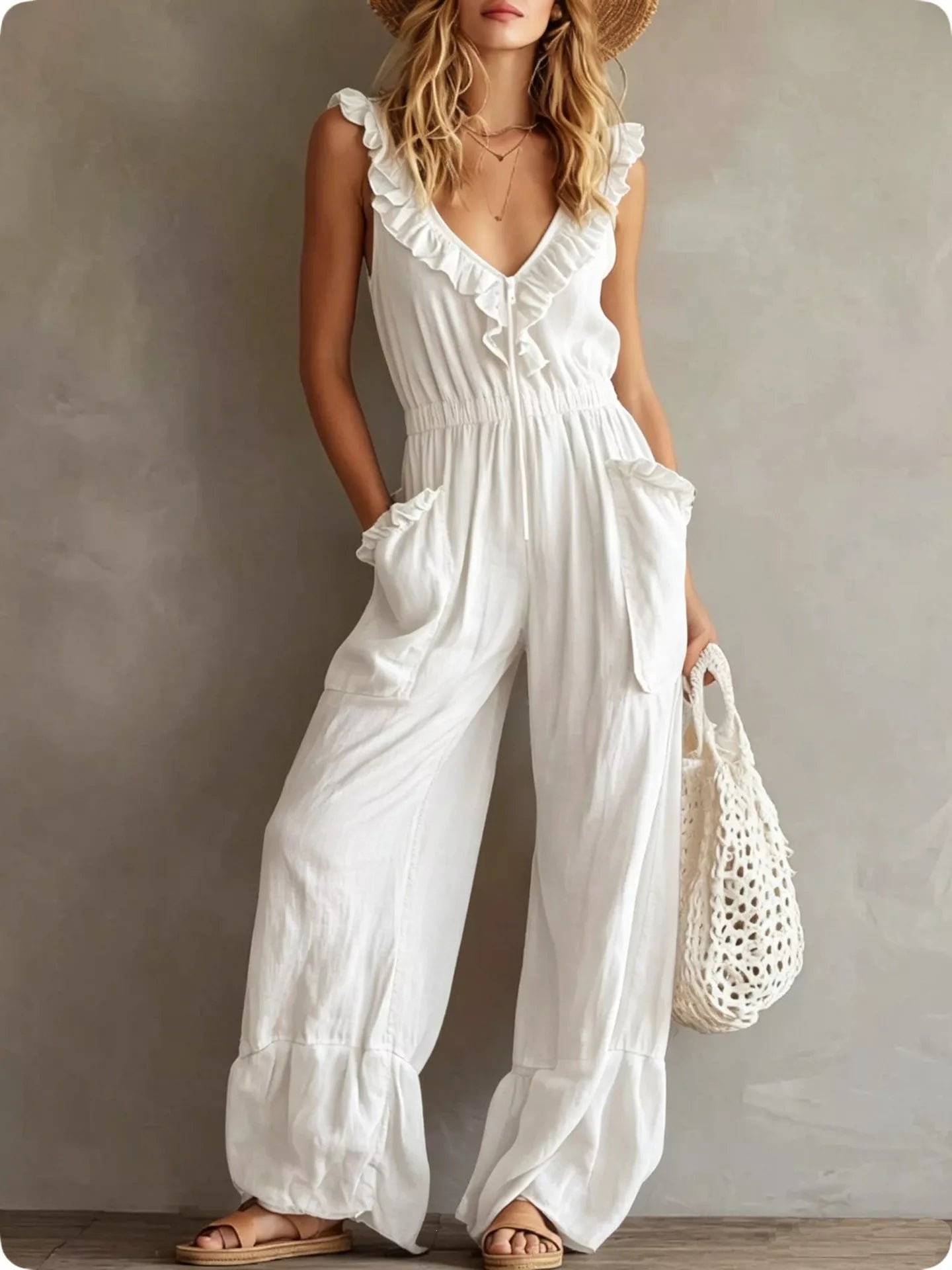 Ruffled V-Neck Wide Leg Jumpsuit