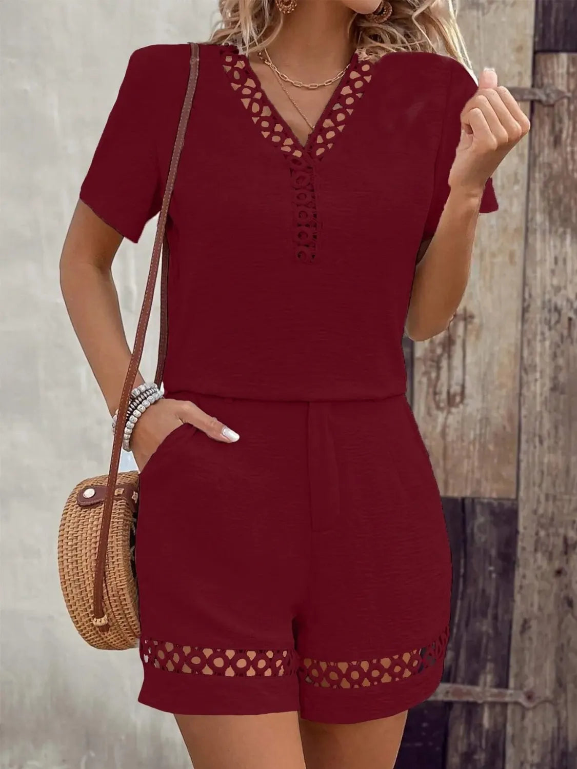V Neck Short Sleeve Top and Shorts Set
