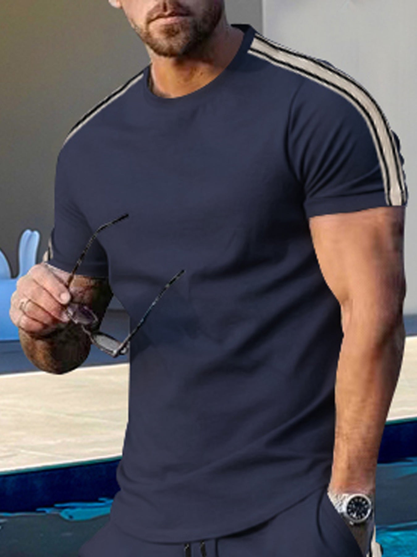 Men's Full Size Striped Shoulder Casual T-Shirt Plus Size
