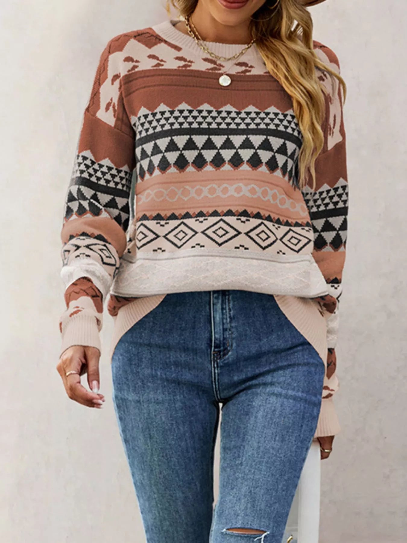 Geometric Pattern Dropped Shoulder Sweater