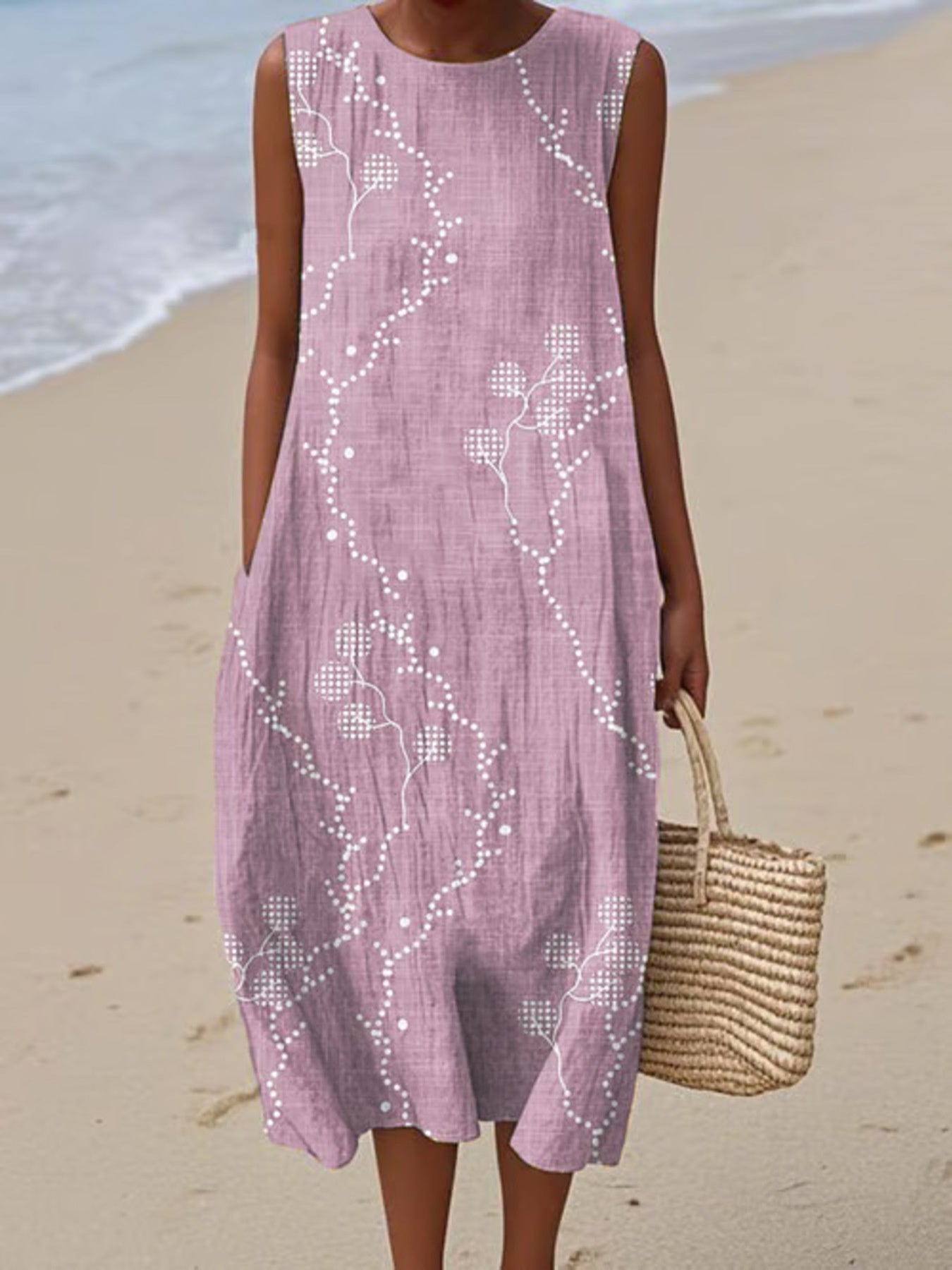 Full Size Round Neck Sleeveless Casual Midi Dress Plus Size