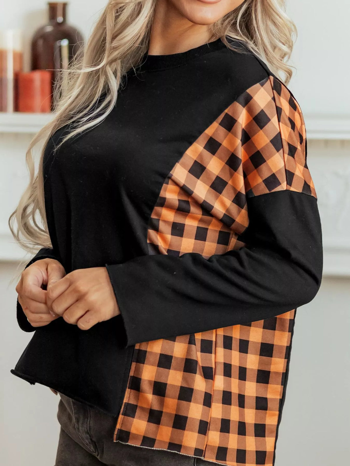 Patchwork Plaid Pumpkin Face Long Sleeve Top