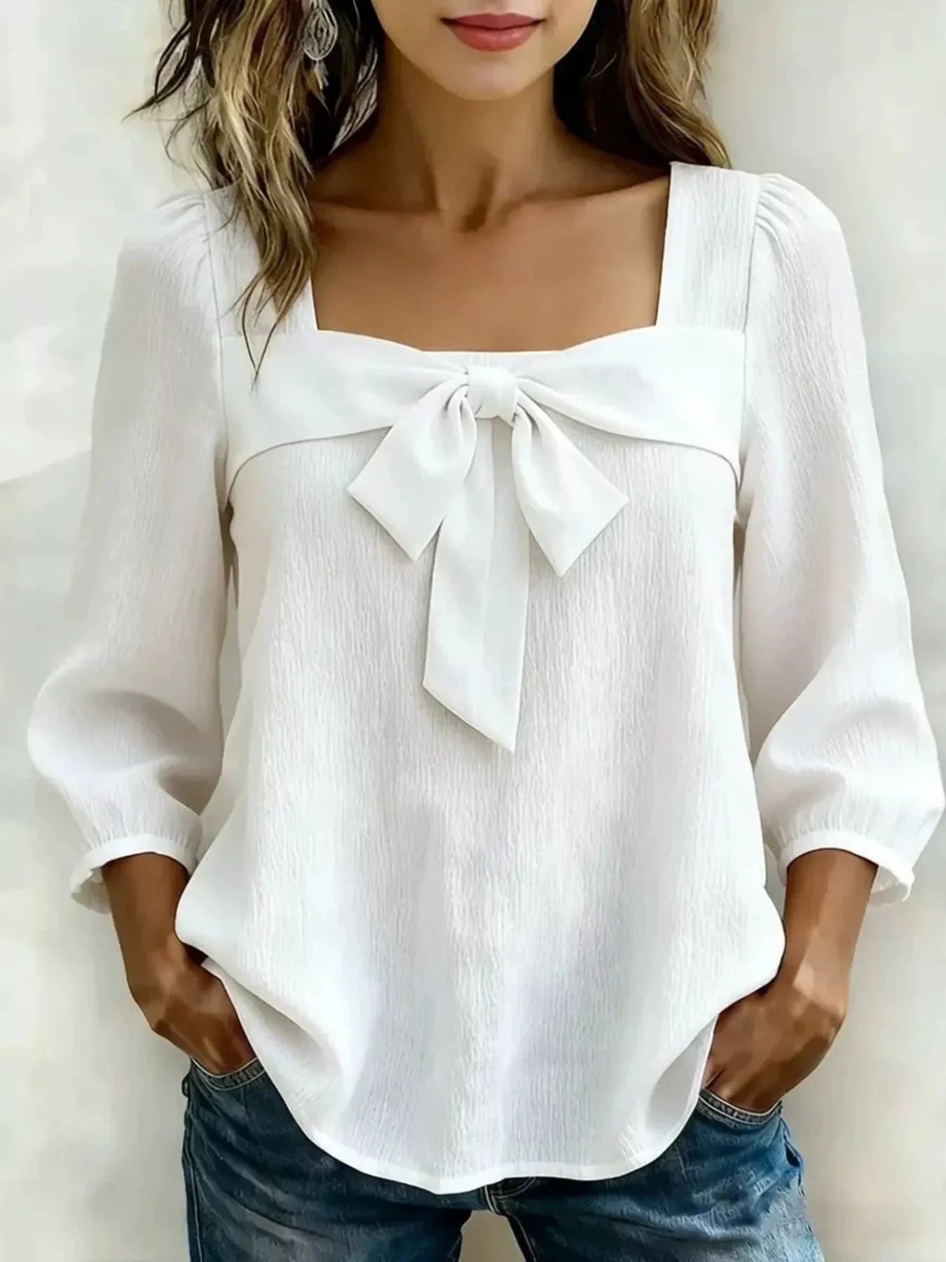 Full Size Bow Front Square Neck Blouse Plus Size