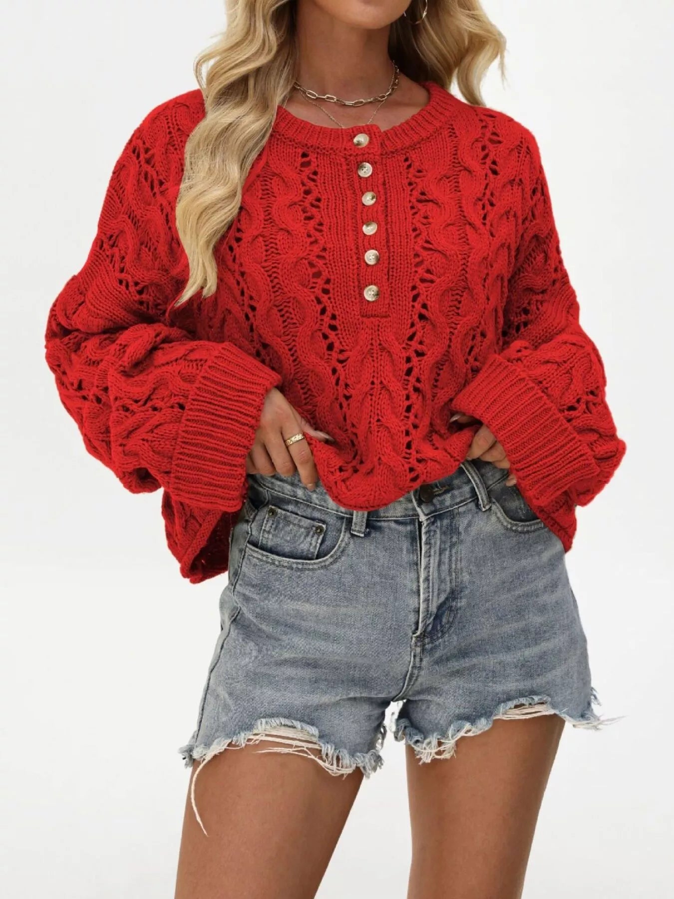 Chic Cable Knit Half-Button Openwork Sweater
