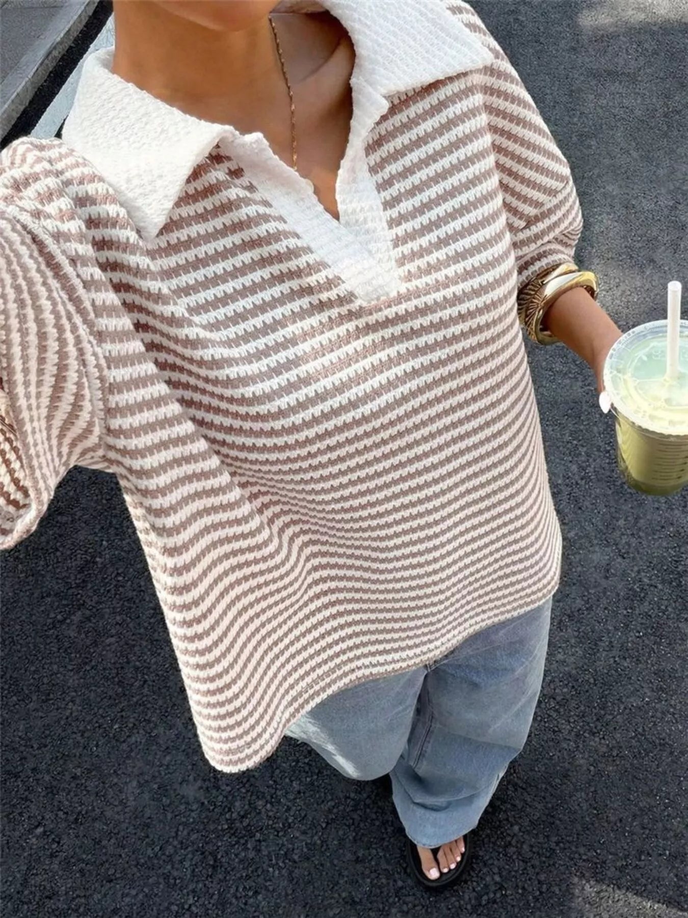 Striped Knit 3/4 Sleeve Polo Top