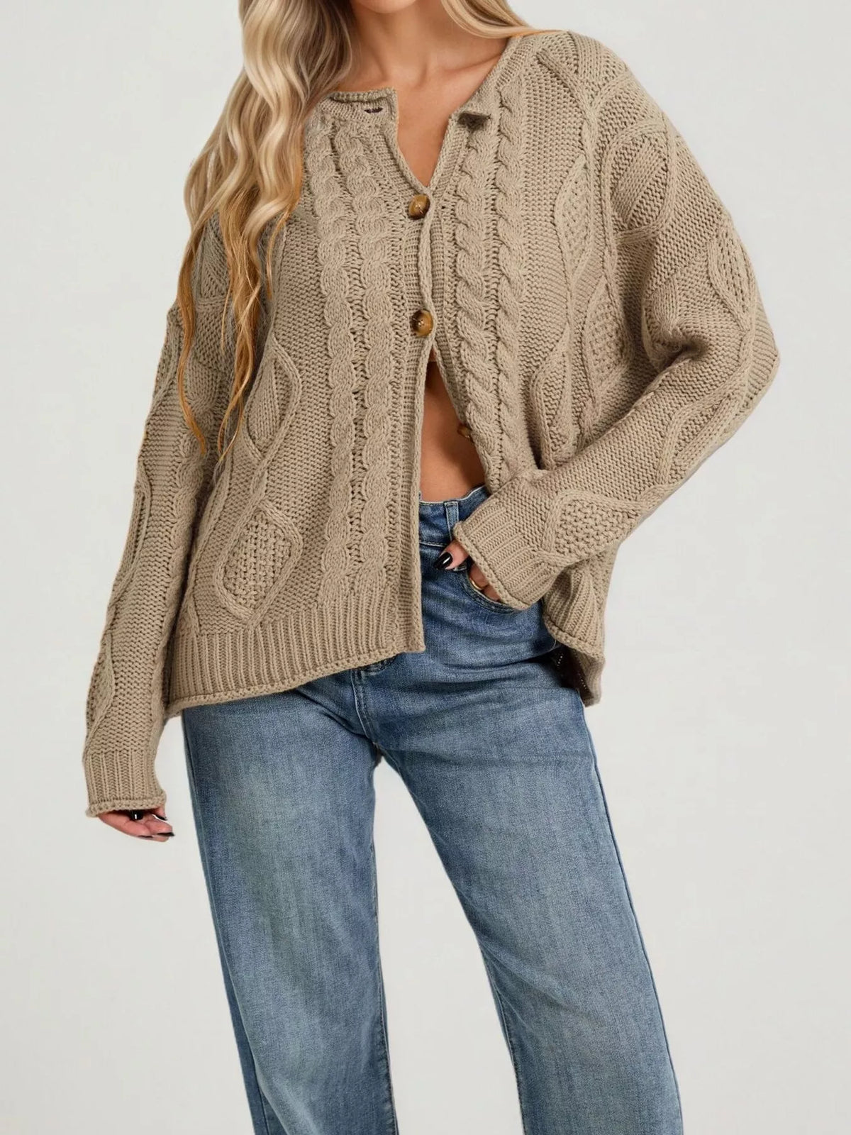 Cable-Knit Button-Down Cardigan