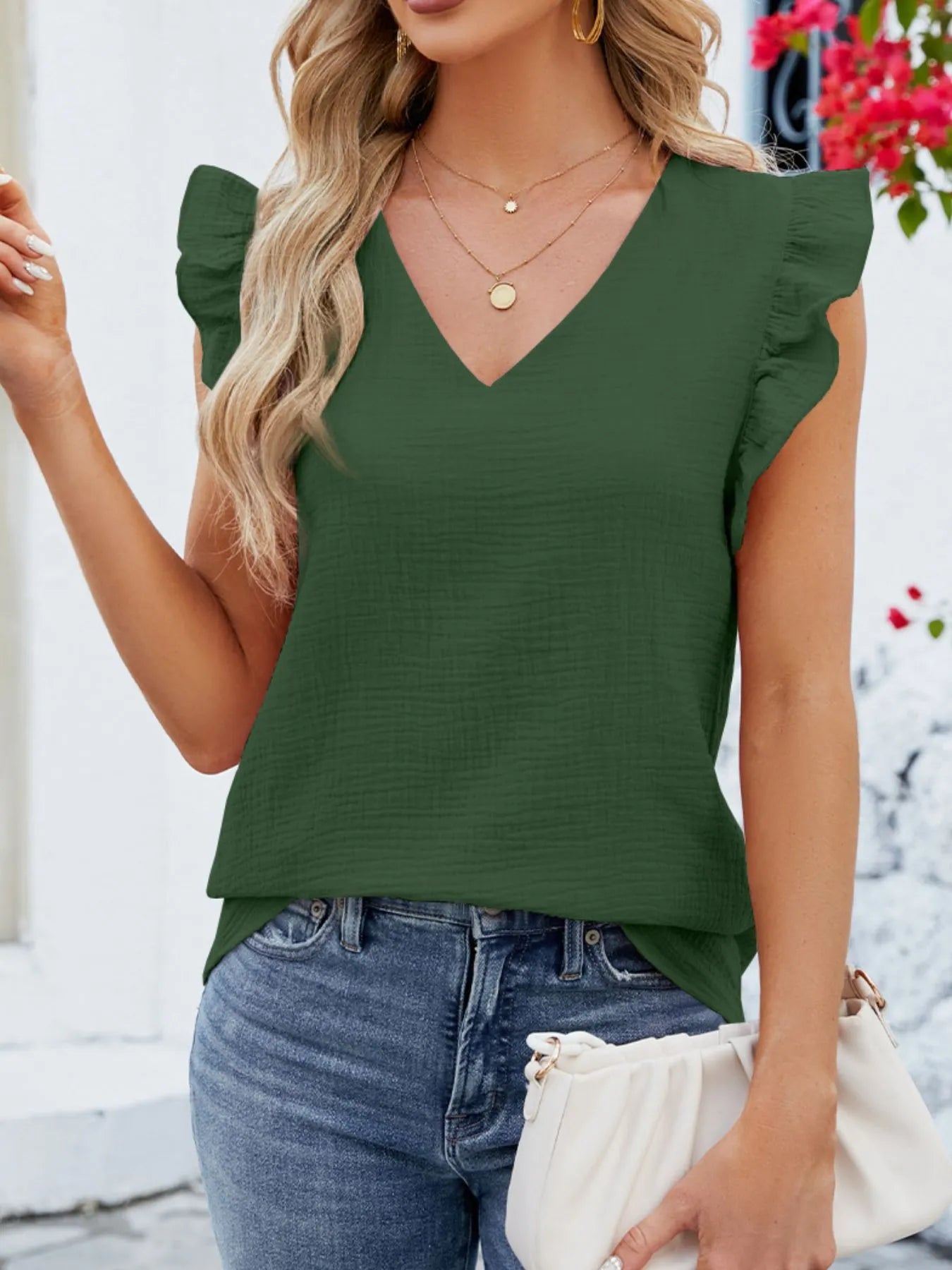 V-Neck Ruffled Sleeve Top